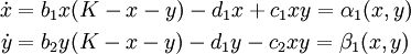 \begin{align} \dot x &= b_1 x (K - x - y) - d_1 x + c_1 x y = \alpha_1(x,y) \\ \dot y &= b_2 y (K - x - y) - d_1 y - c_2 x y = \beta_1(x,y) \end{align}