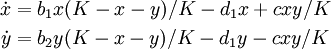 \begin{align} \dot x &= b_1 x (K - x - y)/K - d_1 x + c x y/K \\ \dot y &= b_2 y (K - x - y)/K - d_1 y - c x y/K \end{align}