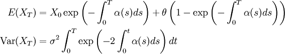 \begin{align} E(X_T) &= X_0 \exp\left( - \int_0^T \alpha(s) ds \right) +\theta\left( 1- \exp\left( - \int_0^T \alpha(s) ds \right) \right) \\ \operatorname{Var}(X_T) &= \sigma^2 \int_0^T \exp\left( -2 \int_0^t \alpha(s) ds \right) d t \end{align}
